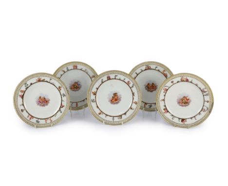 A set of five Meissen Capo di Monte style plates, 19th century, each painted to the centre with cherubs holding a globe and t