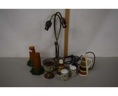 An Art Nouveau style two branch table lamp and glass shades together with a quantity of assorted ceramics