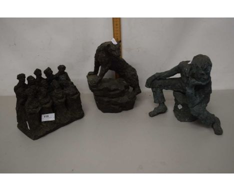 Contemporary resin cast figure by M S Conway together with bronze resin figure of a jaguar by Martin Conway and a painted sea
