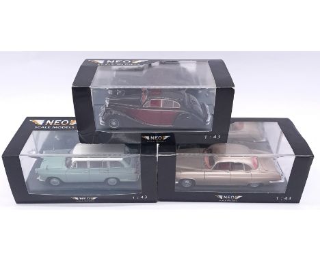 NEO Scale Models, a boxed 1:43 scale group to include Jaguar MkV, NEO43905 Jaguar Mk10 along with Austin Cambridge Traveller.