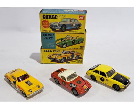 Corgi 319, 337 & 345, a boxed group. Consisting of Lotus Elan Coupe, Customized Chevrolet Corvette Sting Ray & MGC G.T. Compe