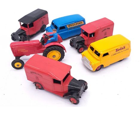 Dinky, an unboxed group including Series 34 Vans along with Bedford CA Vans and a Dinky 300 Massey Tractor with plastic hubs 
