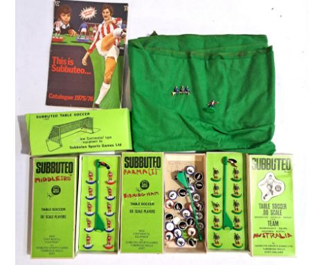 Subbuteo, a mixed group of boxed and unboxed including Teams and Goals, loose pitch and some small figures. Some teams appear