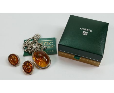 Sterling silver mounted faux amber large pendant with chain and matching silver earrings: Celtic silver jewellery by Kit Heat