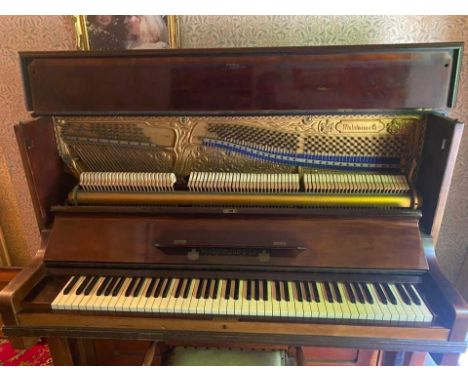 Winkleman &amp;Co Overstrung upright piano: iron frame in mahogany case, L154 x H130 x D67cm. In good all round condition wou