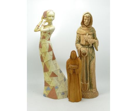 Three Modern figures to include: carved wooden religious item, Terracotta Religious item &amp; Resin Deco figure, tallest 38c