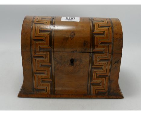 Victorian walnut tea caddy with Tunbridge parquetry decoration: Measures 22.5cm wide, complete with original inlaid lids, loc