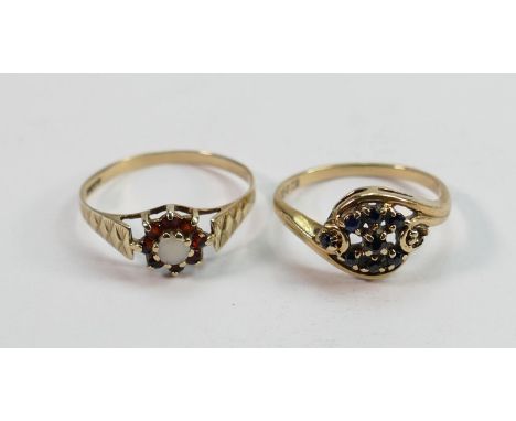 Two 9ct hallmarked gold gem set rings:  Gross weight 3g, garnet &amp; opal set ring size P, sapphire set ring missing one sto