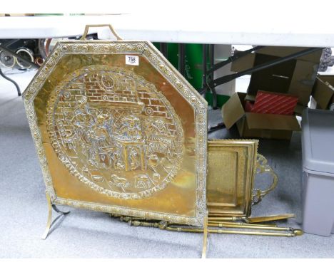 Brass firescreen fire irons and large Indian brass tray: 