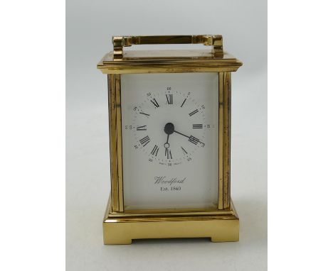 Heavy Brass Woodford Branded Quartz Carriage Clock: height 13cm 