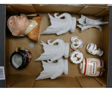 A mixed collection of items to include: Portmeirion Swan Vases, Second Royal Doulton Character Jug, Hillchurch Pottery simila