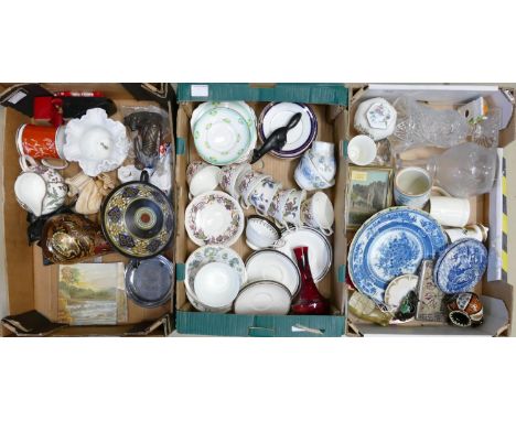 A mixed collection of items to include: floral tea ware, Flambe type small lamp base, early plates, hand decorated landscape 