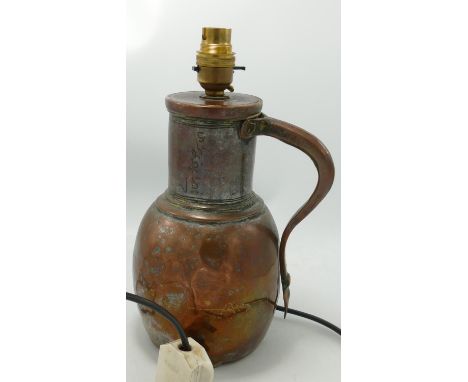 Islamic Copper Jug: converted to lamp base, with script decoration, height including fitting 29cm 