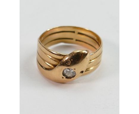 18ct gold and diamond set snake ring: Fully UK hallmarked 18ct, set with old cut diamond measuring 3.5mm appx.  Gross weight 