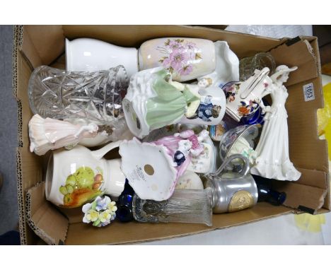 A mixed collection of items to include: large ceramic lady figure: Wedgwood Enamel boxes, Wedgwood Glass vase, Masons Ware et