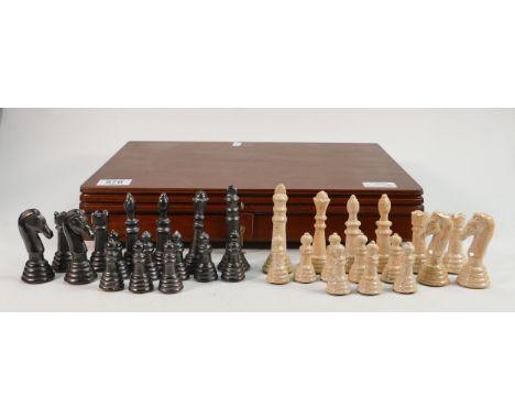 Cased Ceramic Chess Set: height of King 9.4cm 