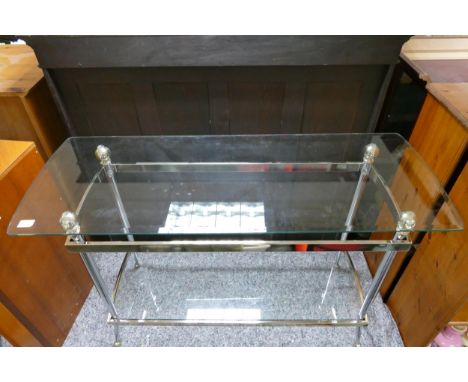 Glass top side table with glass shelf below: Measuring 120cm x 46cm x 75cm high. 