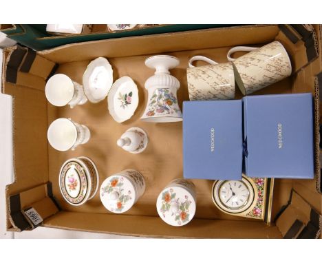 A mixed collection of Wedgwood items to include: Clio patterned lidded oval box. mantle clock, Kutani Crane lidded boxes, box