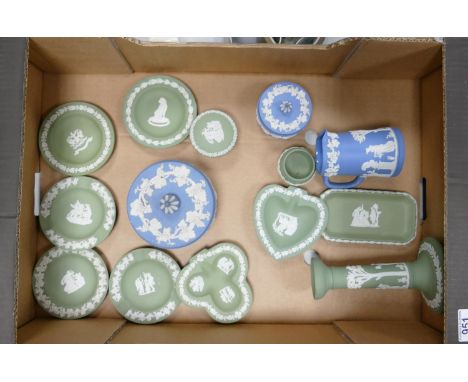 A collection of Wedgwood Blue  &amp; Sage Green Jasperware to include: lidded boxes, pin trays, ash trays, candlestick etc 