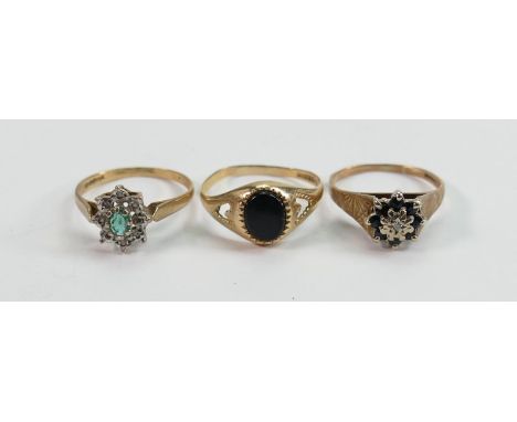 Three 9ct hallmarked gold gem set rings:  Gross weight 5.4g, onyx set ring size P, green set ring size M, and Sapphire size K