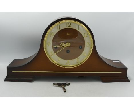 Wooden Cased Mantle Clock: length 42.5cm with key 