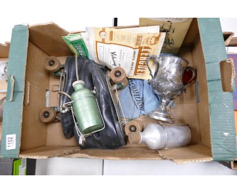 Mixed collection of items including vintage roller skates, cycling bags &amp; brochures, canoeing trophy etc 