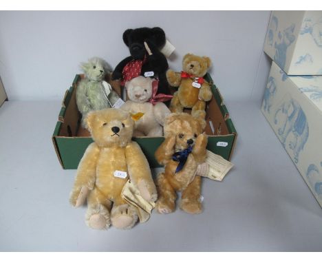 Six Jointed Modern Teddy Bears, between 8 and 10inches high approximately. Including a Steiff 1909 replica, a No. 1358 of 200