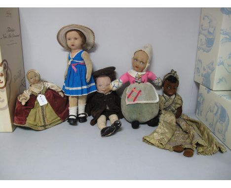 Six Pre War Cloth Dolls, makers include Chad Valley, Alpha Toys.