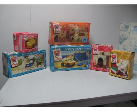 Six Boxed Sindy Plastic Accessories, by Pedigree, #44542 Camper Buggy, #44510 Walk in the Park, #44439 Super Home Lighting Pa