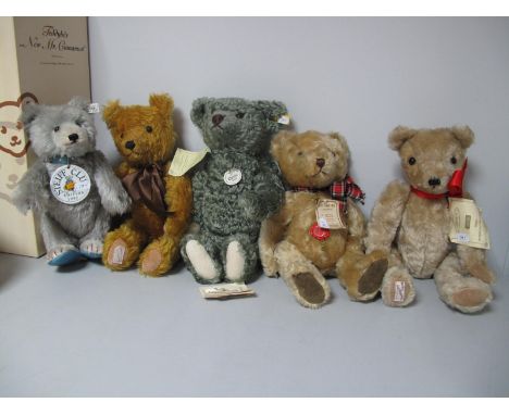 Five Modern Classic Teddy Bears, two by Steiff, a baby blue 1992 Edition and a 1907 Classic (1993 replica) 000317 with growle
