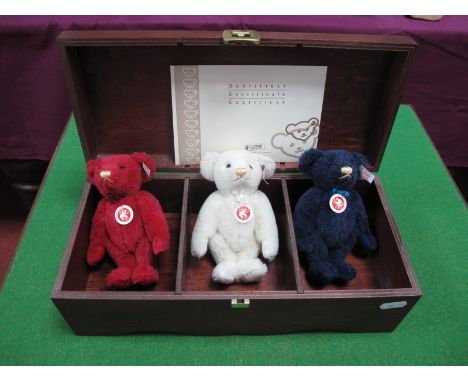 Steiff Jewellery Box Set, #669668, wooden box,34 x 15 x 11cm containing three miniature modern jointed teddy bears, Limited E