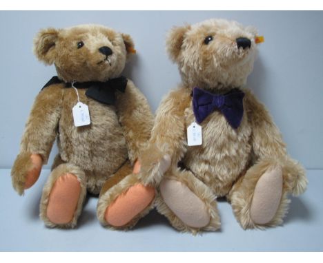 Two Modern Jointed Teddy Bears by Steiff, both approximately 20" high, one with black bow tie and growler, the other wearing 