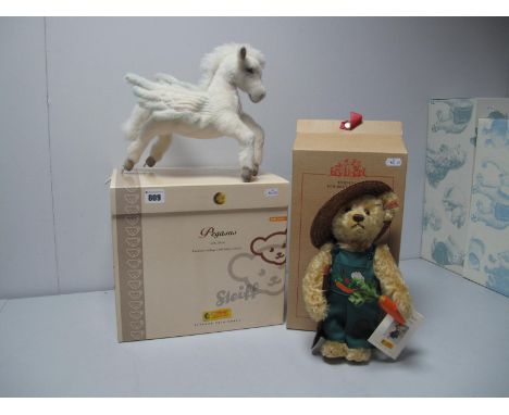 Two Boxed Modern Steiff Teddy Bears, #037481 Pegasus, white, 28cm high, certified No. 00759, #671210 Teddy Bear Gardener 2002