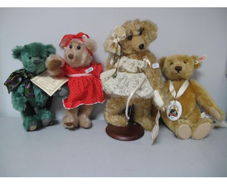 Four Modern Classic Teddy Bears, including one Steiff blond mohair jointed Teddy with squeaker and ceramic medallion 28cm hig
