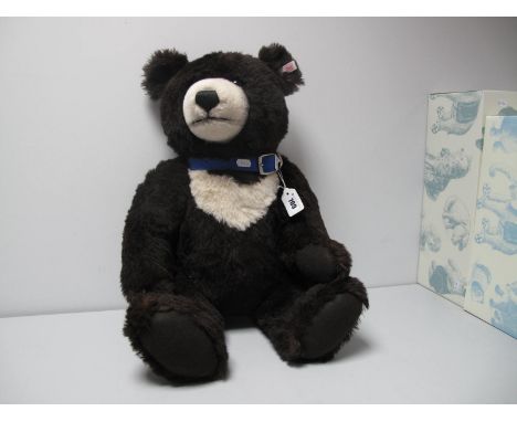 A Steiff Modern Jointed Teddy Bear, a dark brown bear with a white snout and bib, approximately 24" high, original ear stud a