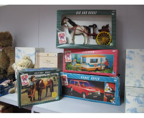 Four Boxed Sindy Plastic Toys, by Pedigree, #44769 Range Rover, #44579 Caravan (unchecked), #44520 Gig and Horse, #44251 Ches