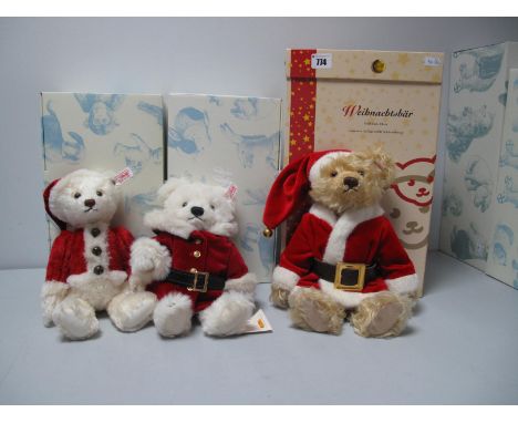 Three Modern Steiff Jointed Christmas Teddy Bears, #037665 2009, Musical Bear, No. 198 of 2000, 30cm high. #035333, Musical B