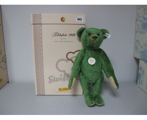 A Modern Steiff Jointed Teddy Bear #408540, Green Teddy Bear 1908 Replica, Limited Edition 2797 of 3000, 35cm high with growl