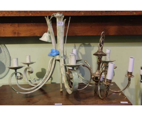 A MODERN BRASS FINISHED FIVE SCONCE HANGING CEILING LAMP together with A DECORATIVELY PAINTED METAL FIVE SCONCE HANGING CEILI