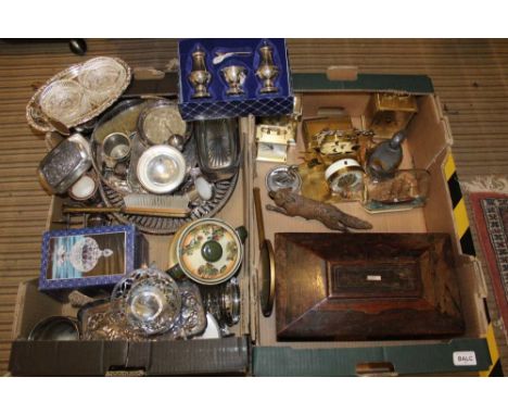 TWO BOXES CONTAINING PREDOMINANTLY DOMESTIC METALWARES to include as lidded Royal Doulton mug and a sarcophogus shaped tea ca