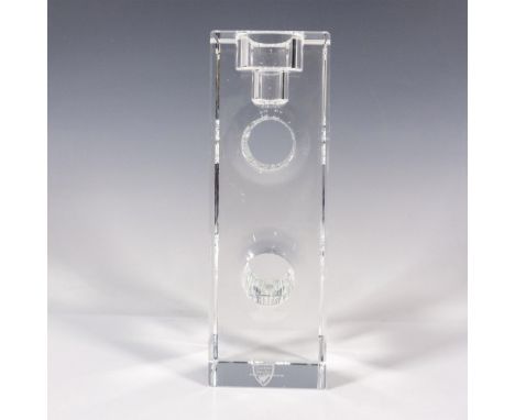 Tall thick clear crystal, features a blocky shape with two hollow circles. Orrefors etched backstamp. Includes the original b
