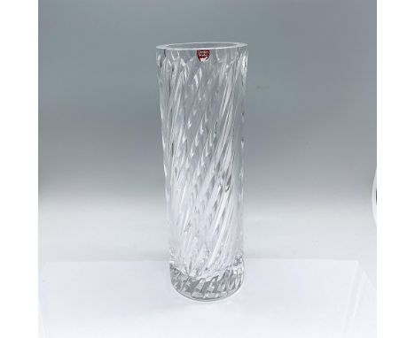 A clear, cylindrical vase with deep spiral cuts. Orrefors sticker and etched marking. Artist: Jon JohanssonIssued: Late 20th 