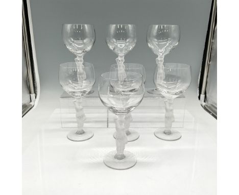 Collection of seven clear fine crystal globe glasses with molded and frosted crystal male nude figural stem. Issued: c. 1960D
