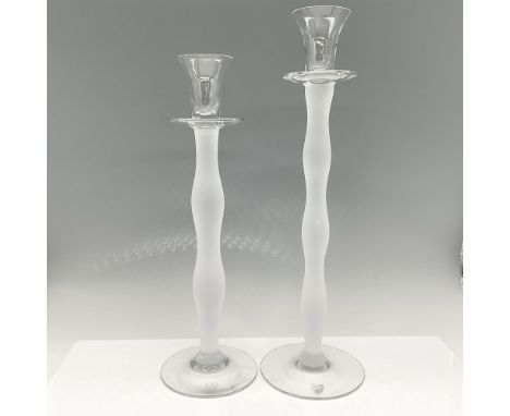 Stylish crystal wavy design of clear and frosted white stick holders. Set includes a 15" and 13" holder. Orrefors mark. These