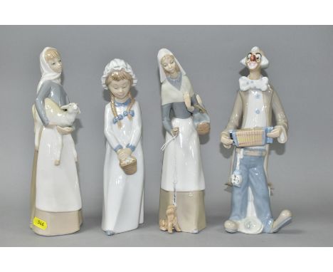 TWO LLADRO FIGURES, A NAO FIGURE AND AN UNMARKED SPANISH PORCELAIN CLOWN, the Lladro comprises Girl with lamb,  No 4584, issu