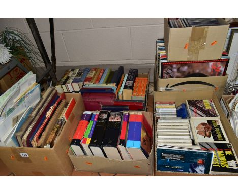 SIX BOXES OF BOOKS, RECORDS, TWIN TRACK MONO TAPES, CDS AND CASSETTE TAPES, to include thirteen reel to reel twin track mono 