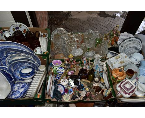 FIVE BOXES OF CERAMICS AND GLASSWARES, to include a box of blue and white ceramics by various makers including Masons, Wedgwo