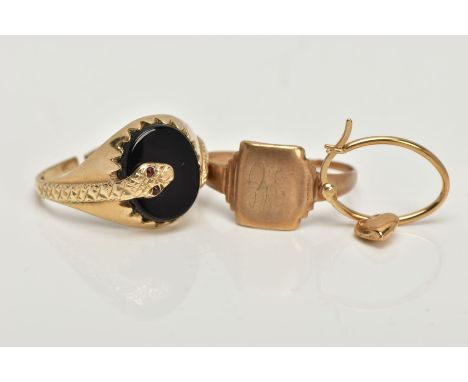 TWO RINGS AND A SINGLE EARRING, the first ring is an AF gents oval onyx signet detailed with a wraparound snake set with smal