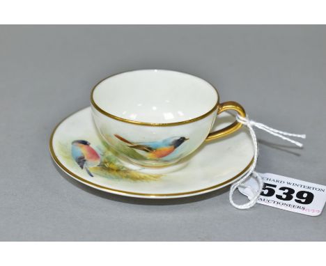 A ROYAL WORCESTER MINIATURE CUP AND SAUCER, the ivory ground painted with a Redstart to the cup and a Bullfinch to the saucer