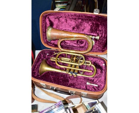 A CASED LAFLEUR BRASS CORNET Serial No 658000 (brass is tarnished, one valve doesn't return and spit valve doesn't close) alo